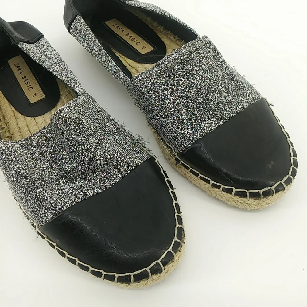 Zara Basic Collection Metallic Faux Leather Cap Toe Espadrills Silver Glitter 35